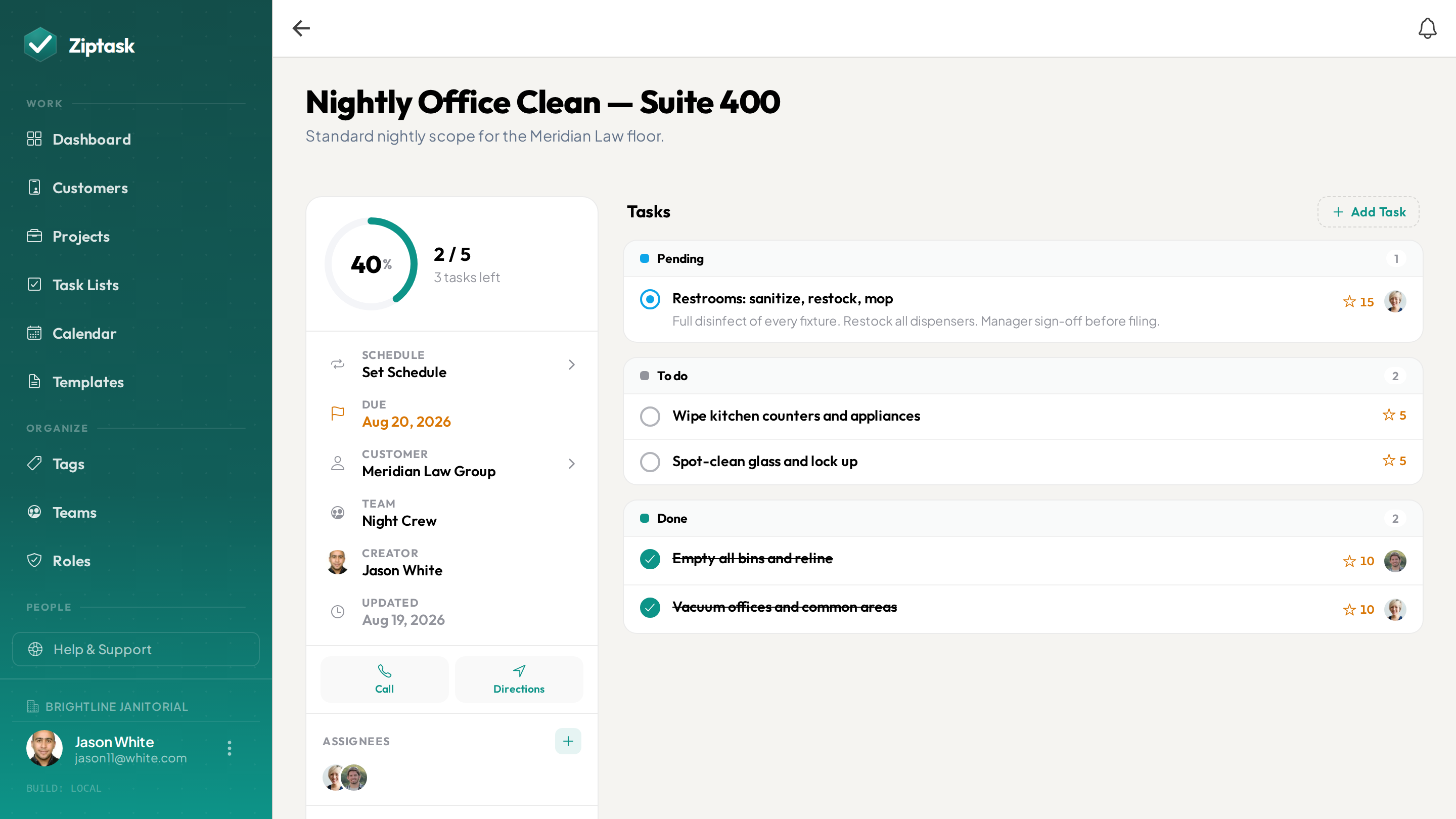 A nightly office clean open in Ziptask on desktop
