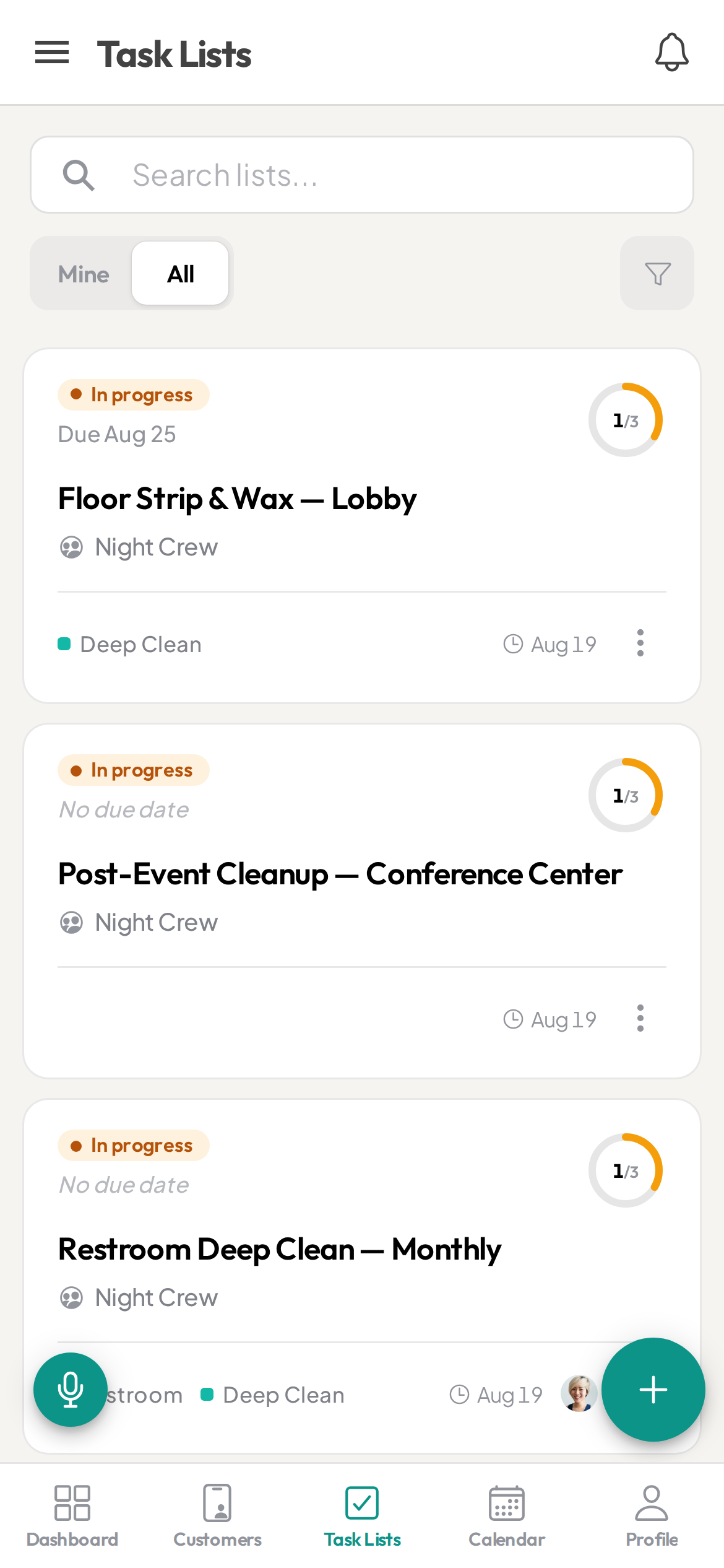 Ziptask janitorial task lists on a phone