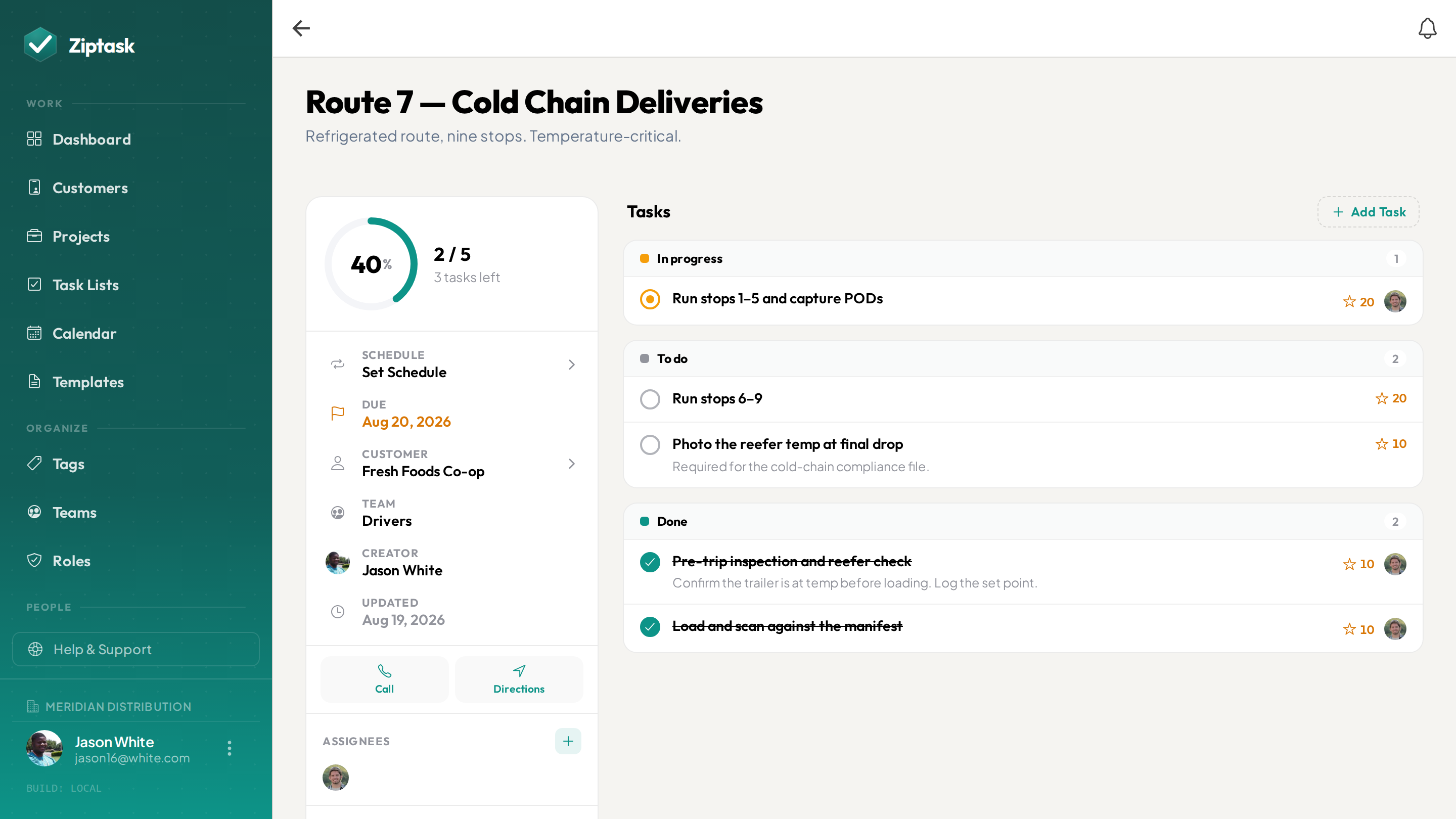 A delivery route open in Ziptask on desktop