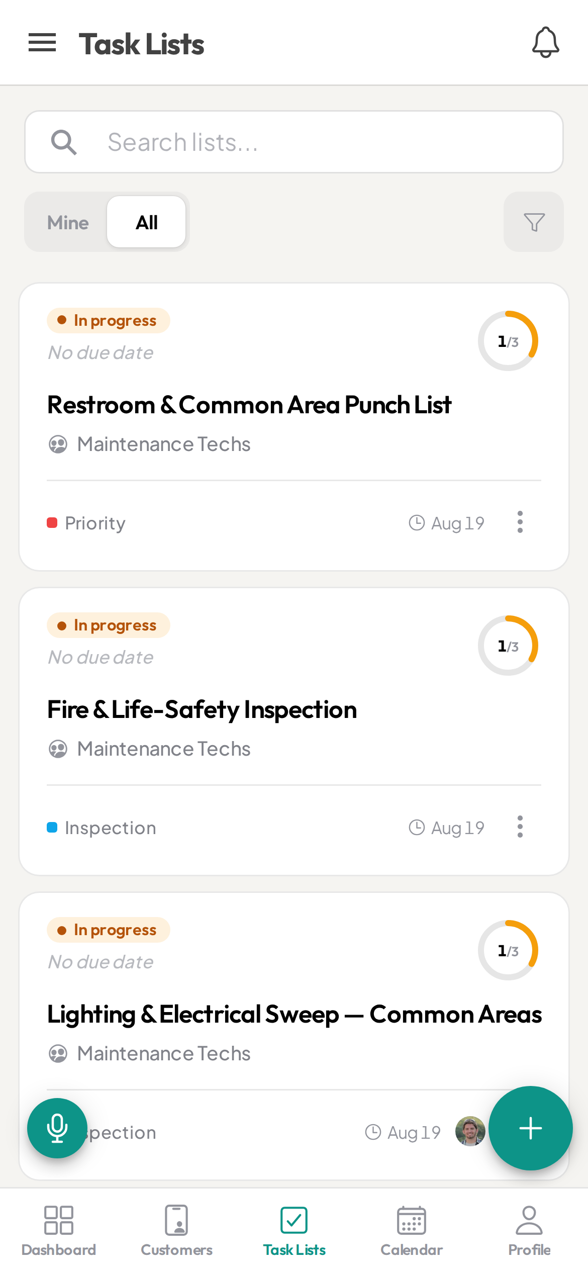 Ziptask facilities task lists on a phone