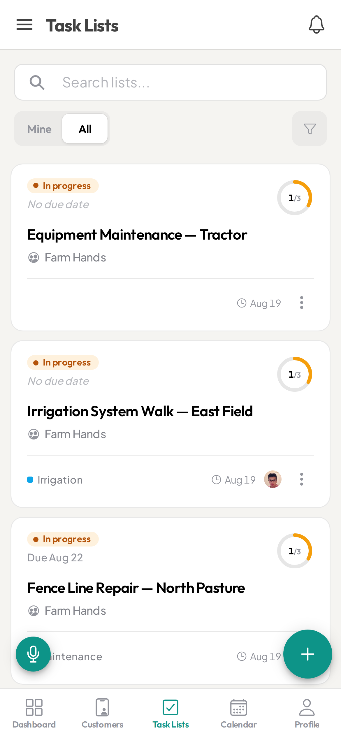 Ziptask farm task lists on a phone