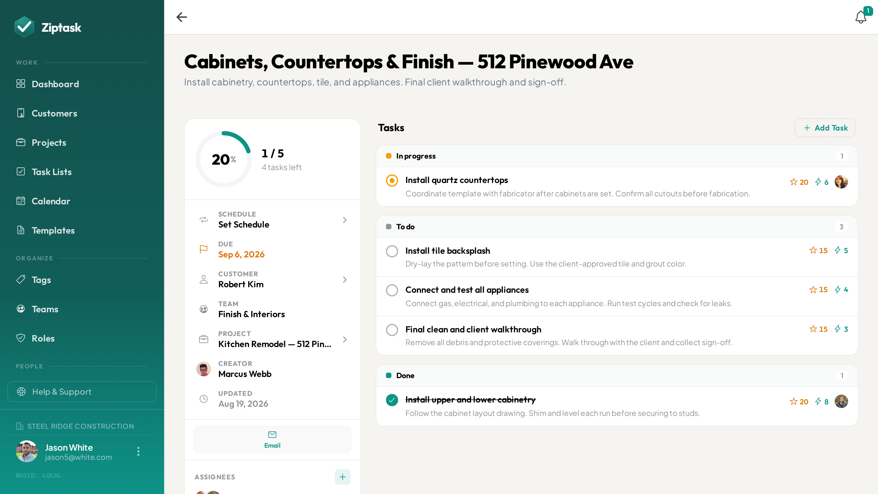 A remodel job open in Ziptask on desktop