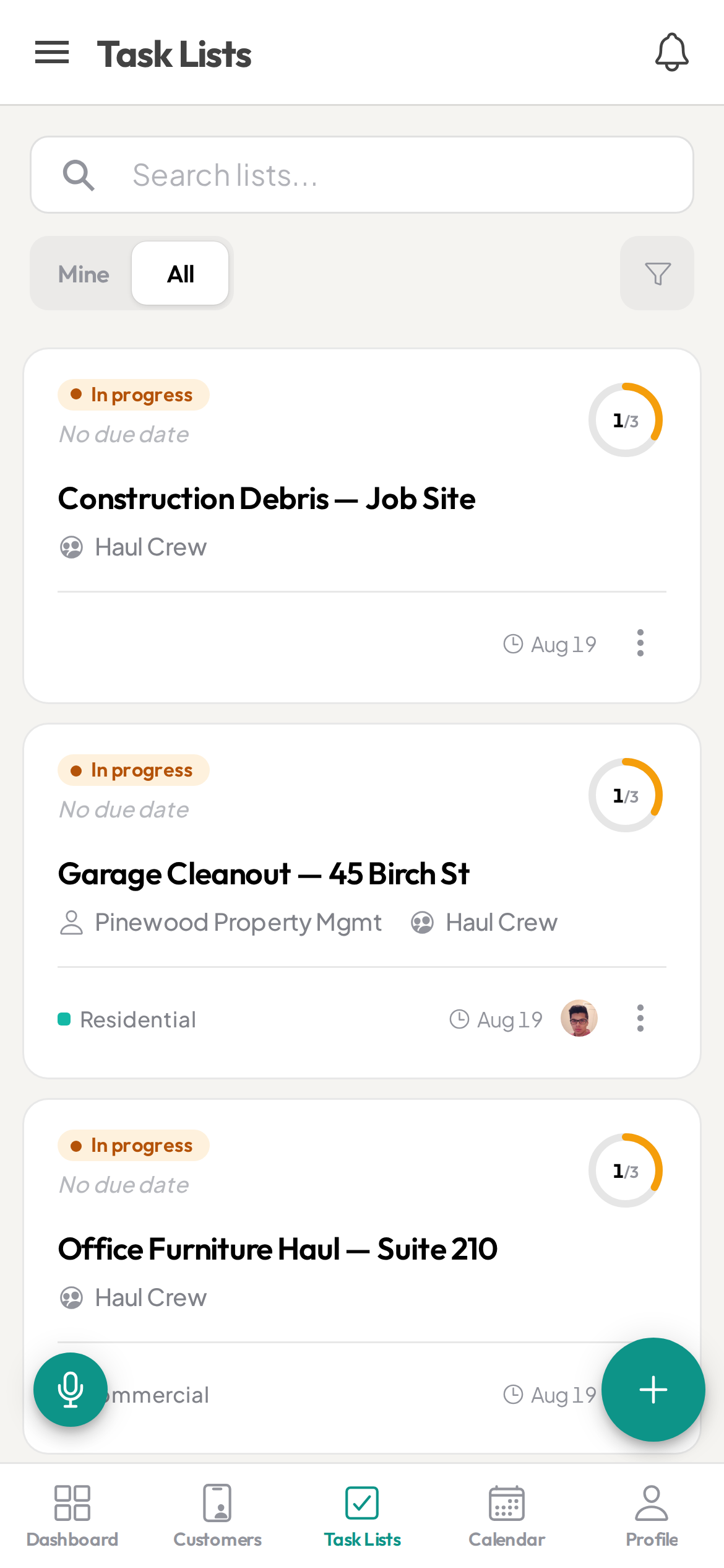 Ziptask junk-removal task lists on a phone