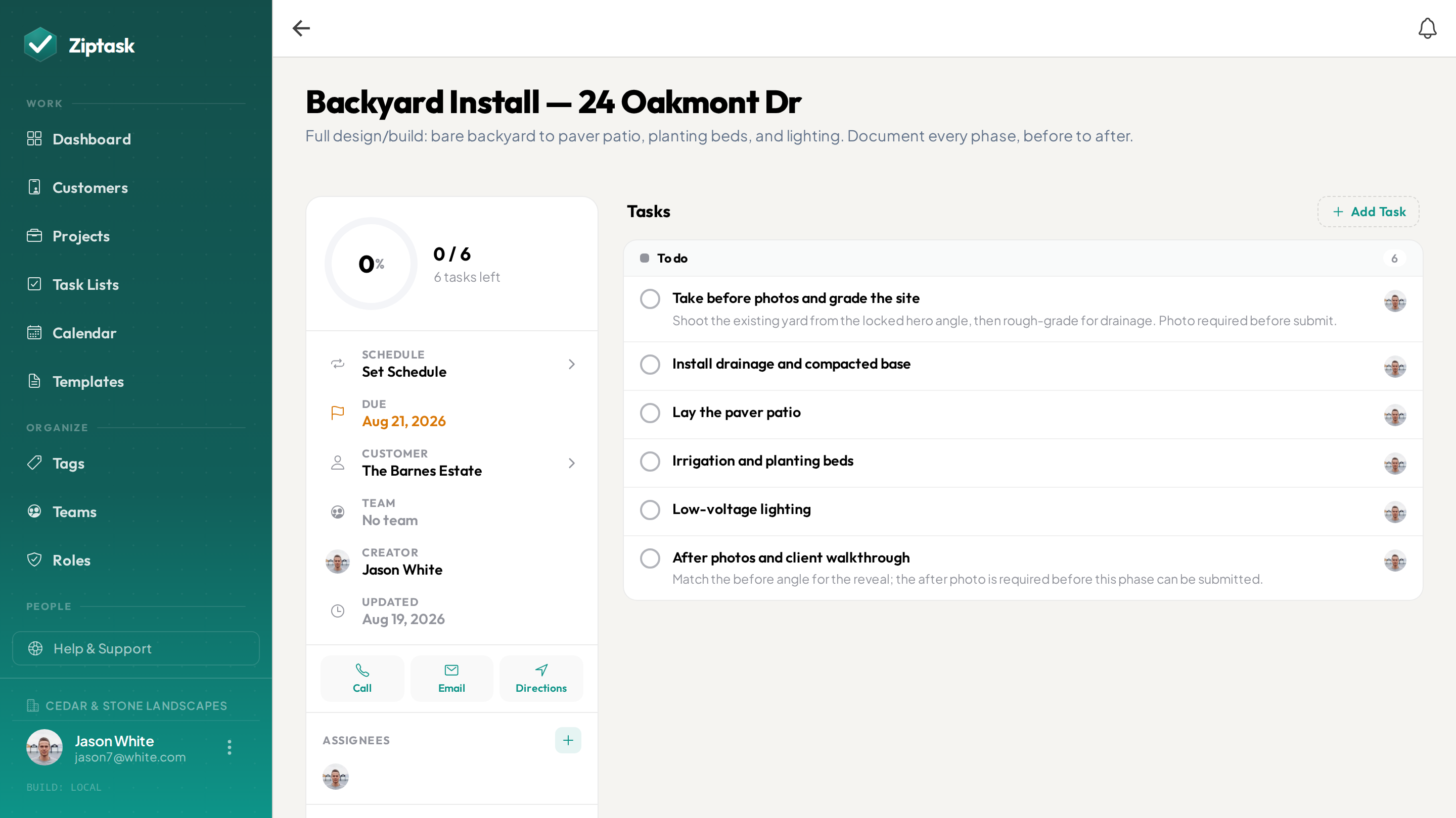 A landscape install open in Ziptask on desktop