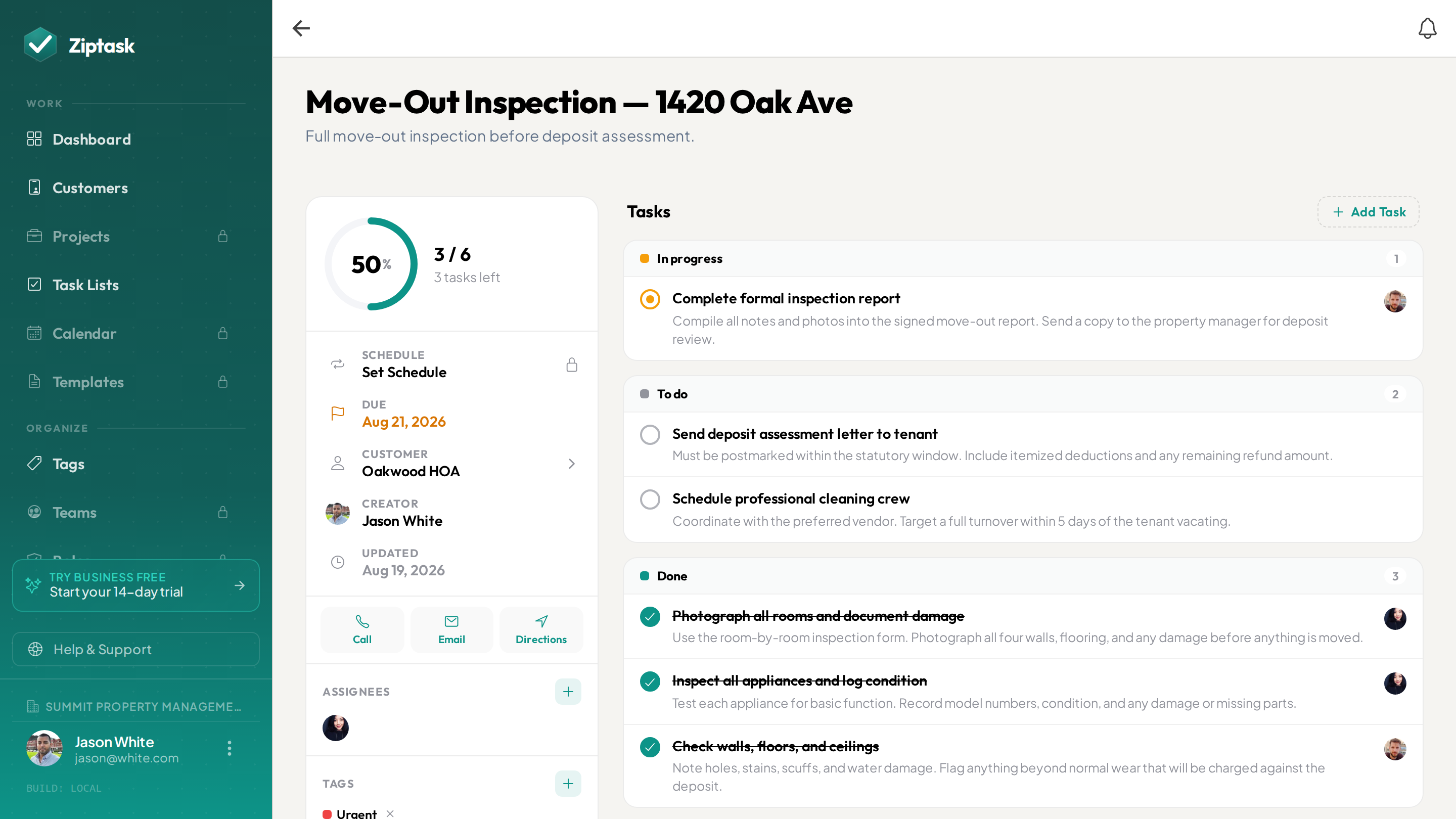 A property make-ready inspection open in Ziptask on desktop