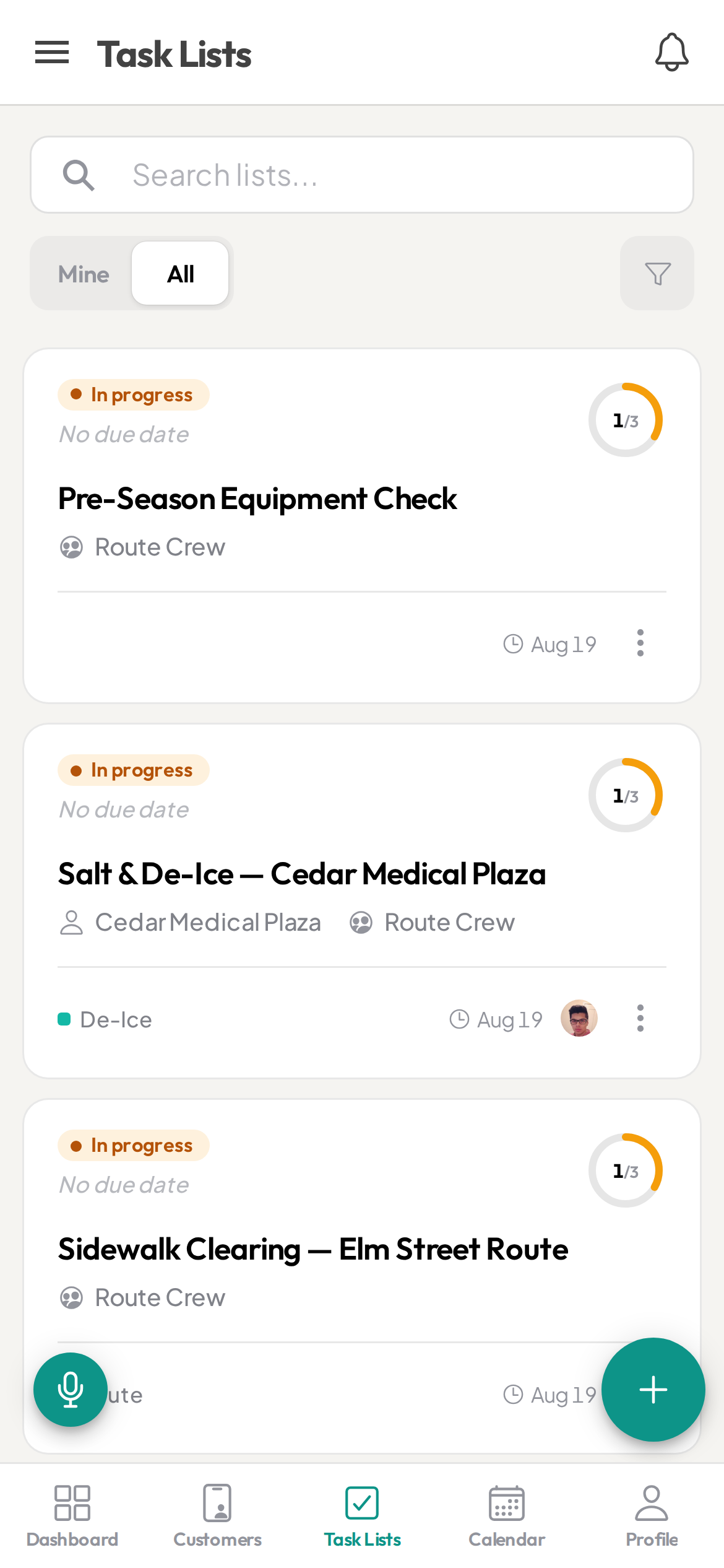 Ziptask snow-removal task lists on a phone
