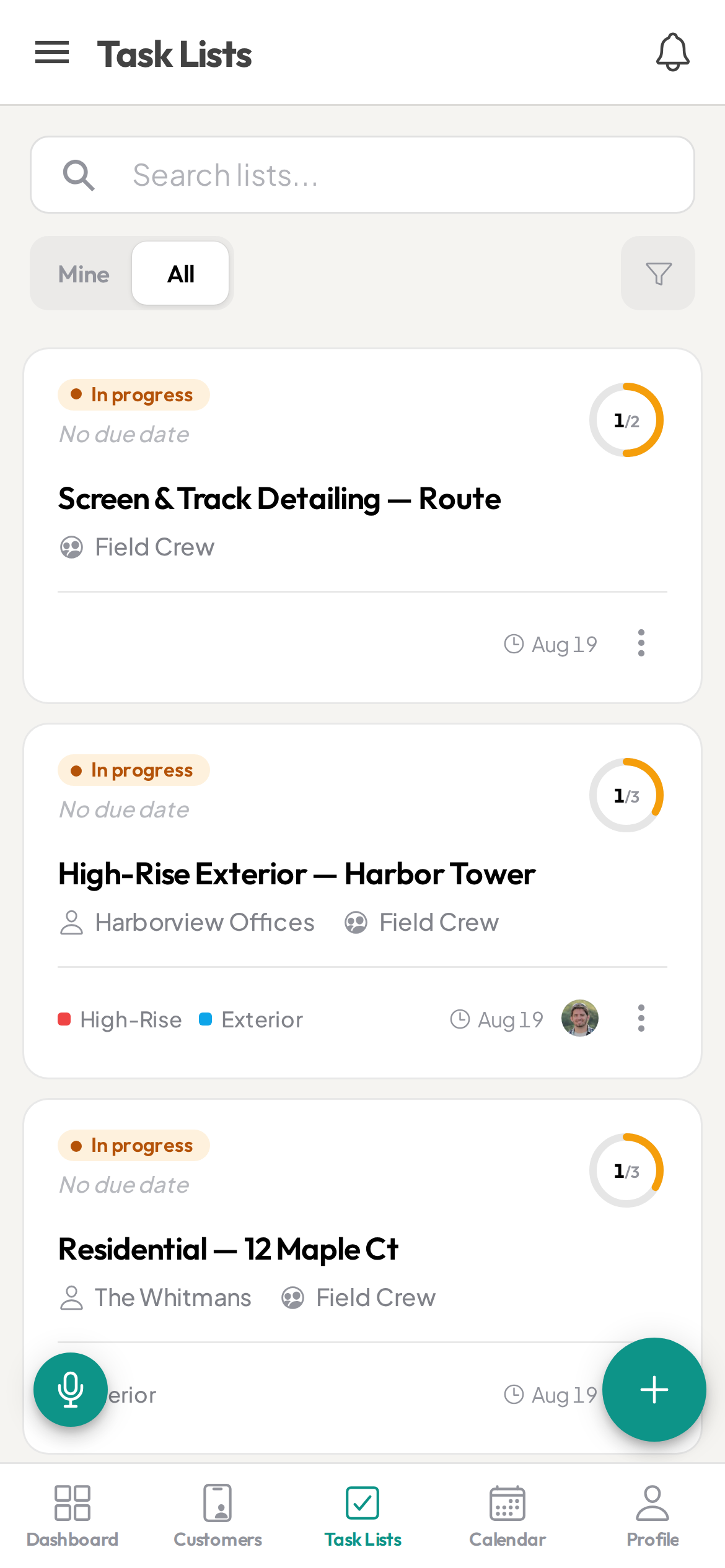 Ziptask window-cleaning task lists on a phone